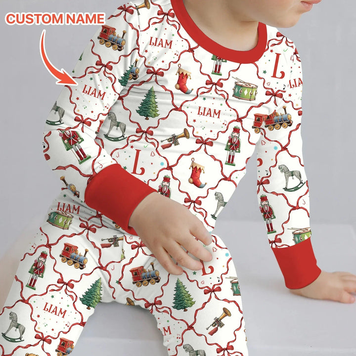 Vintage Christmas Toy Custom Name Boy Two Piece Long Sleeve Pajama Set , Vintage Christmas Toy Custom Name Boy Two Piece Long Sleeve Pajama Set - 12-18M