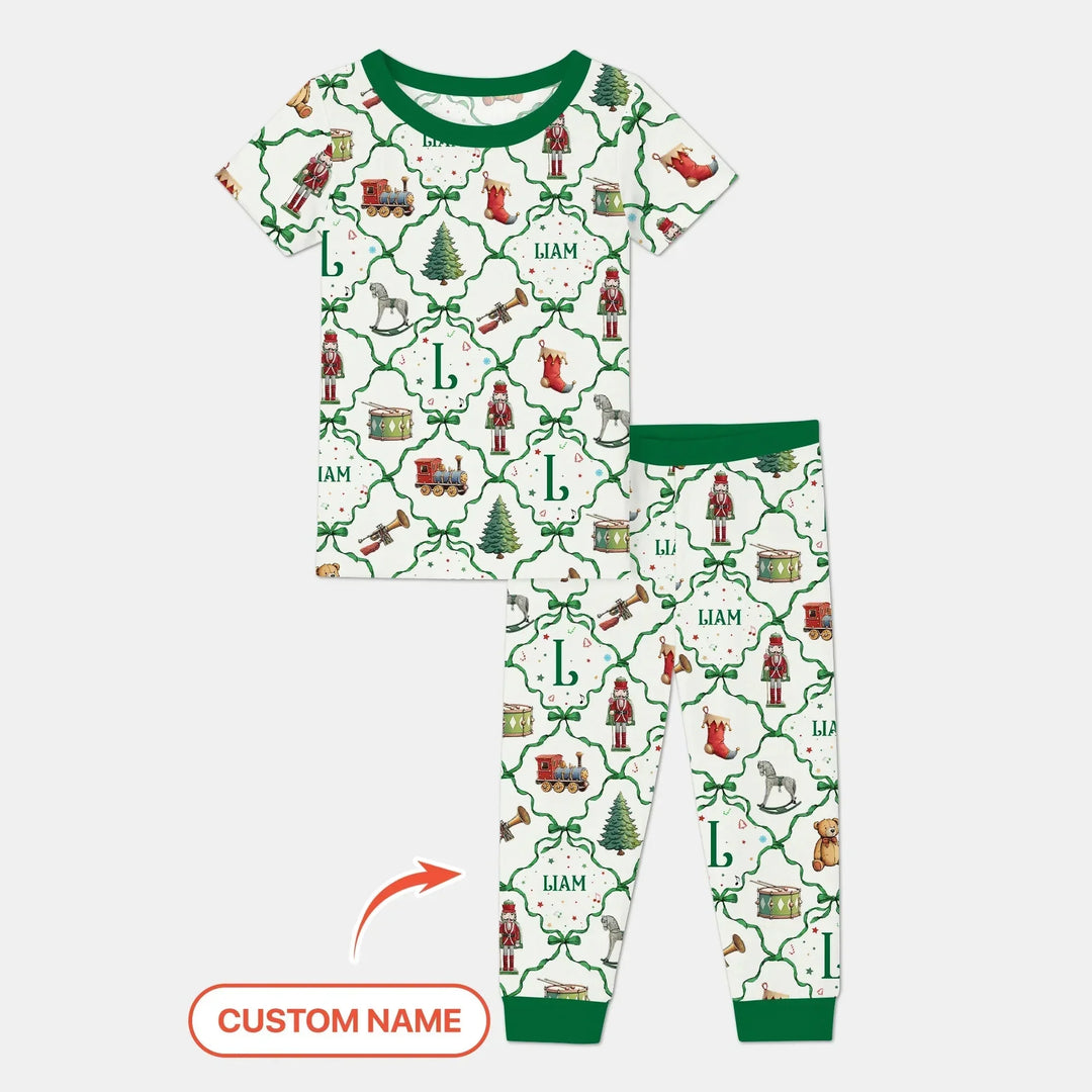 Vintage Christmas Toy Custom Name Boy Two Piece Short Sleeve Pajama Set , Vintage Christmas Toy Custom Name Boy Two Piece Short Sleeve Pajama Set - 12-18M