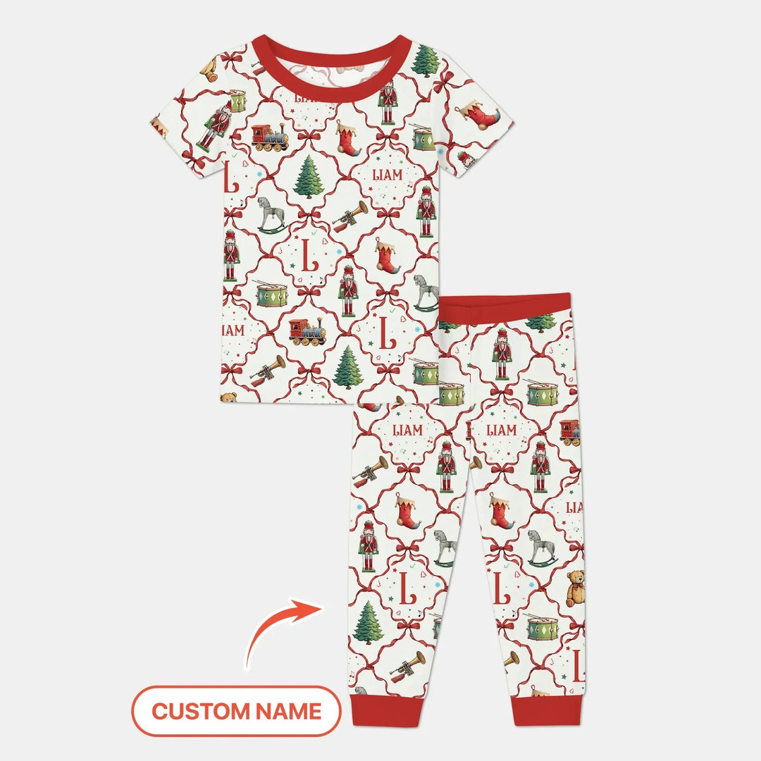 Vintage Christmas Toy Custom Name Boy Two Piece Short Sleeve Pajama Set , Vintage Christmas Toy Custom Name Boy Two Piece Short Sleeve Pajama Set - 12-18M