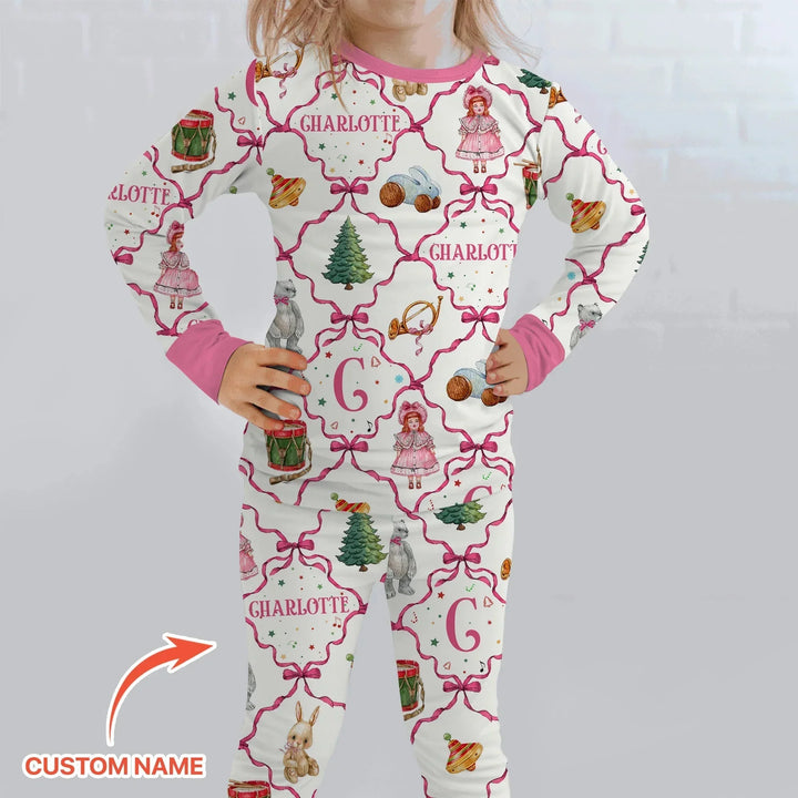 Vintage Christmas Toy Custom Name Girl Two Piece Long Sleeve Pajama Set , Vintage Christmas Toy Custom Name Girl Two Piece Long Sleeve Pajama Set - 12-18M