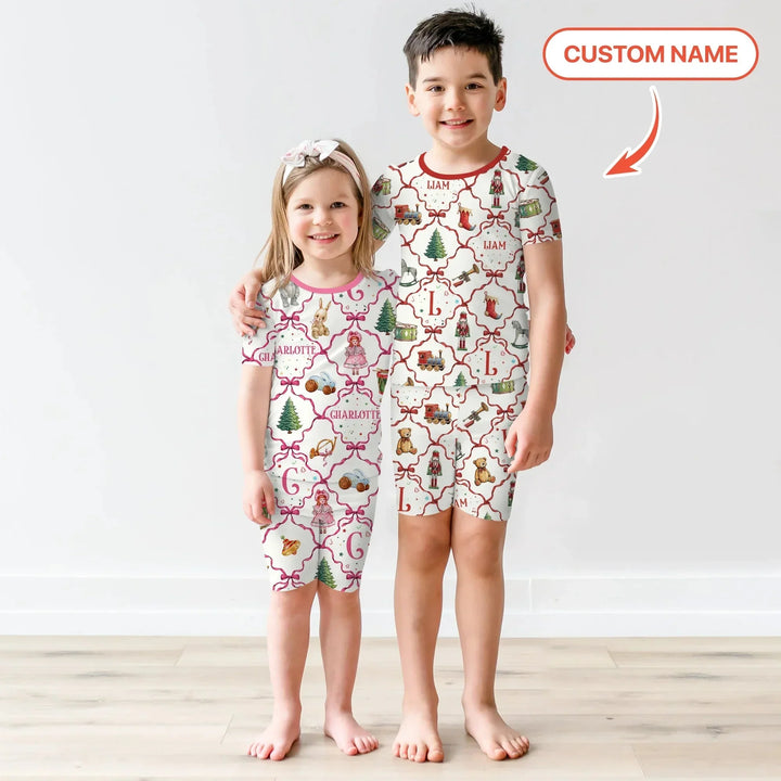 Vintage Christmas Toy Custom Name Girl Two Piece Short Sleeve Shorts Pajama Set , Vintage Christmas Toy Custom Name Girl Two Piece Short Sleeve Shorts Pajama Set - 12-18M