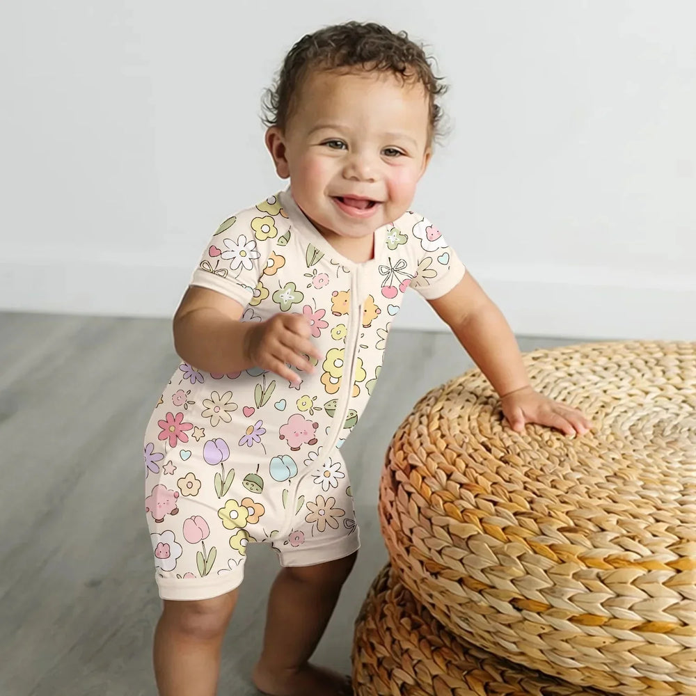 Whimsical Bloom Shorty Zippered Romper , Whimsical Bloom Shorty Zippered Romper - 0-3M