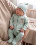 Personalized Teddy Bear Embroidered Ribbed Bamboo Zipper Footie