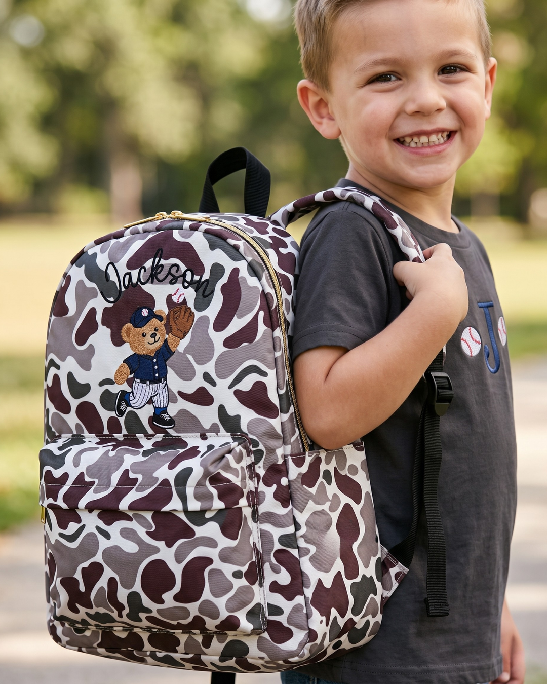 Custom Name Teddy Bear Baseball Embroidered Backpack