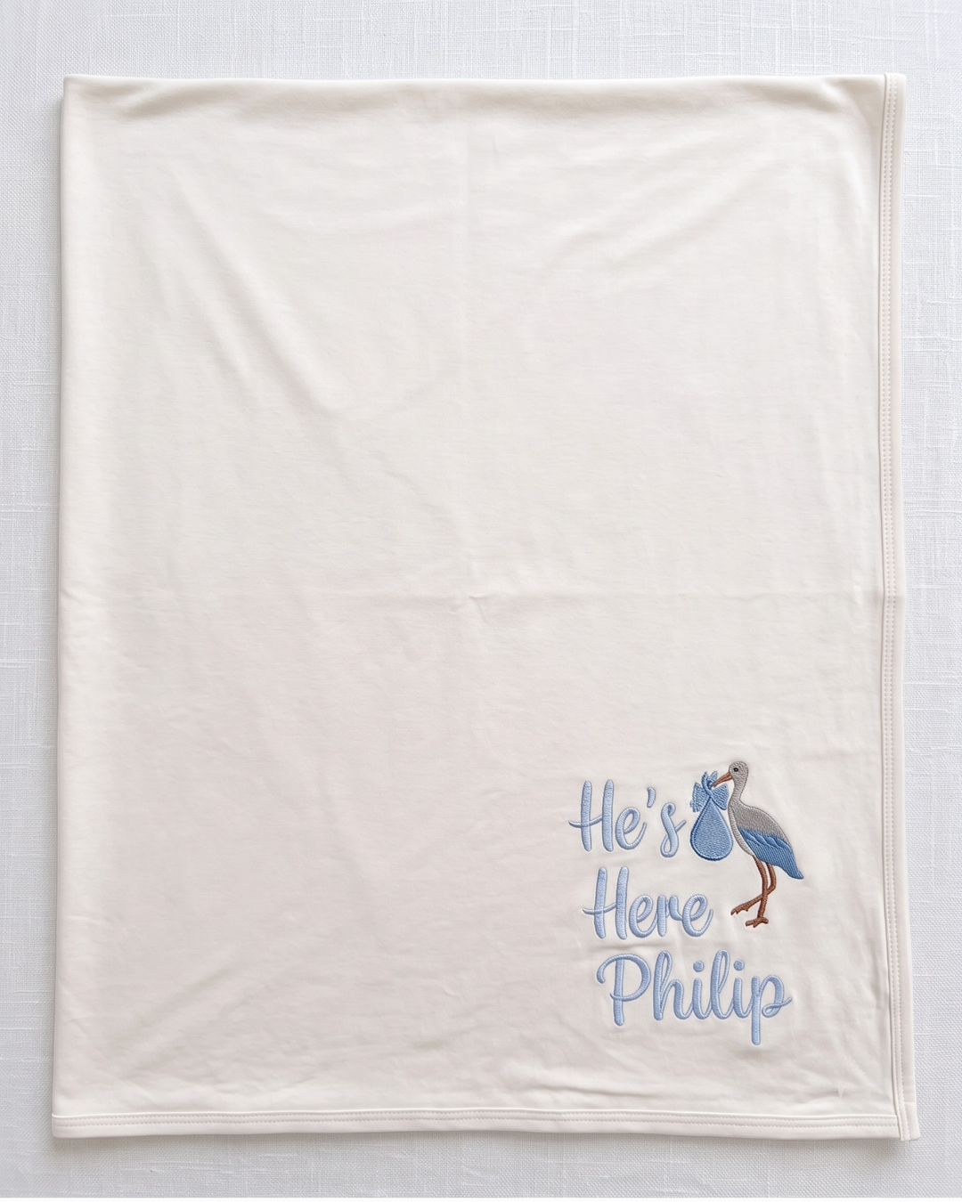 Personalized He's Here Embroidered Bamboo Blanket