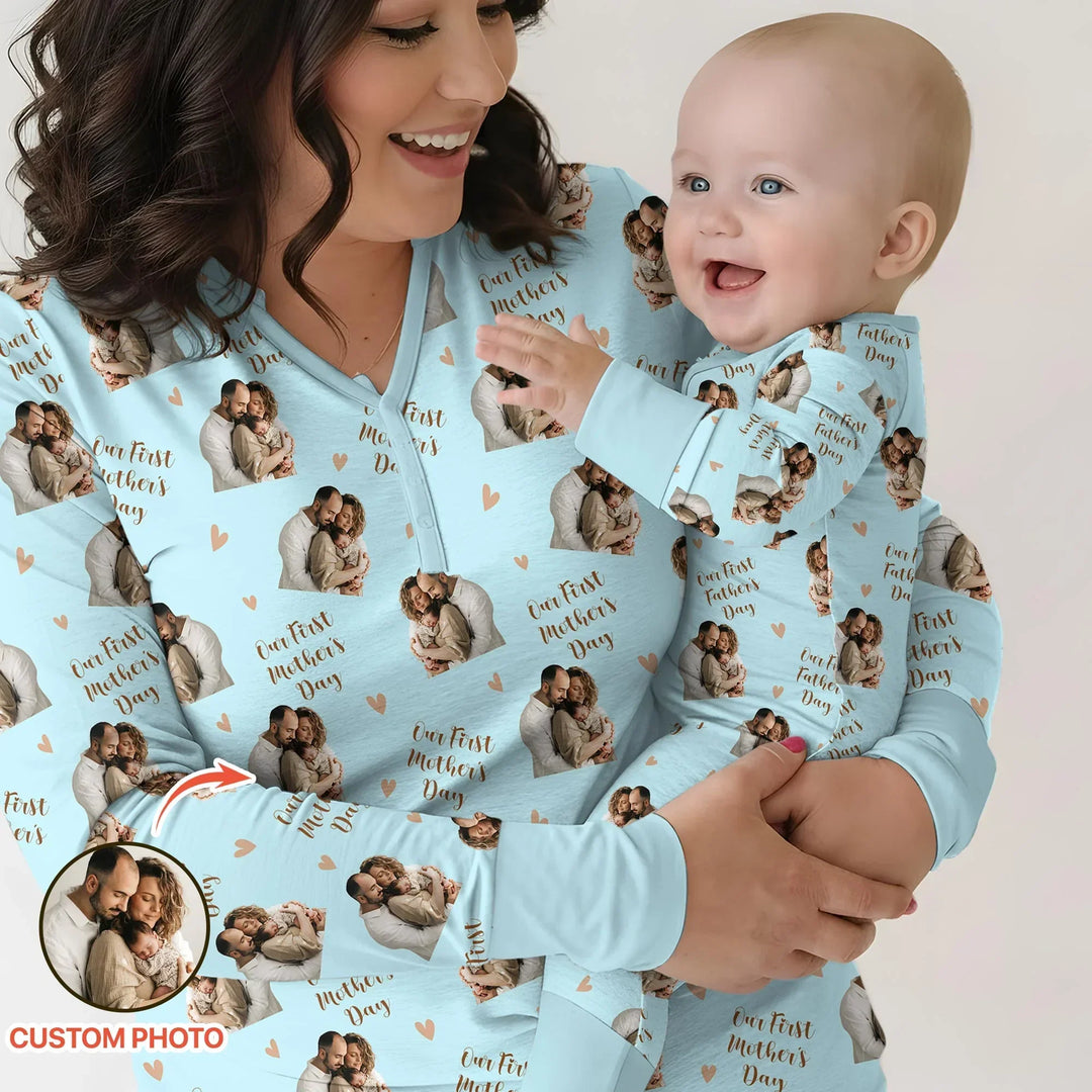 Custom Photo Our First as Parents Bamboo Two Piece Long Sleeve Pajama Set