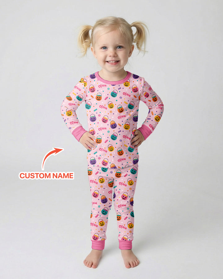 Custom Colorful Trick Or Treat Halloween Candy Bag Bamboo Two Piece Long Sleeve Pajama Set