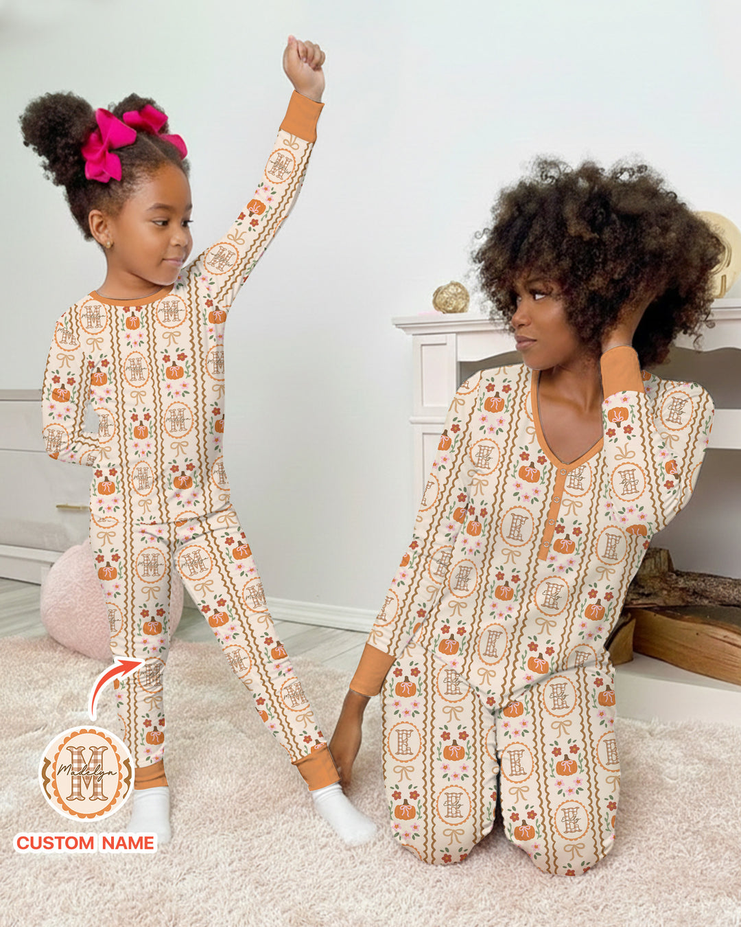 Custom Name Pumpkin Cottage Bamboo Two Piece Long Sleeve Pajama Set