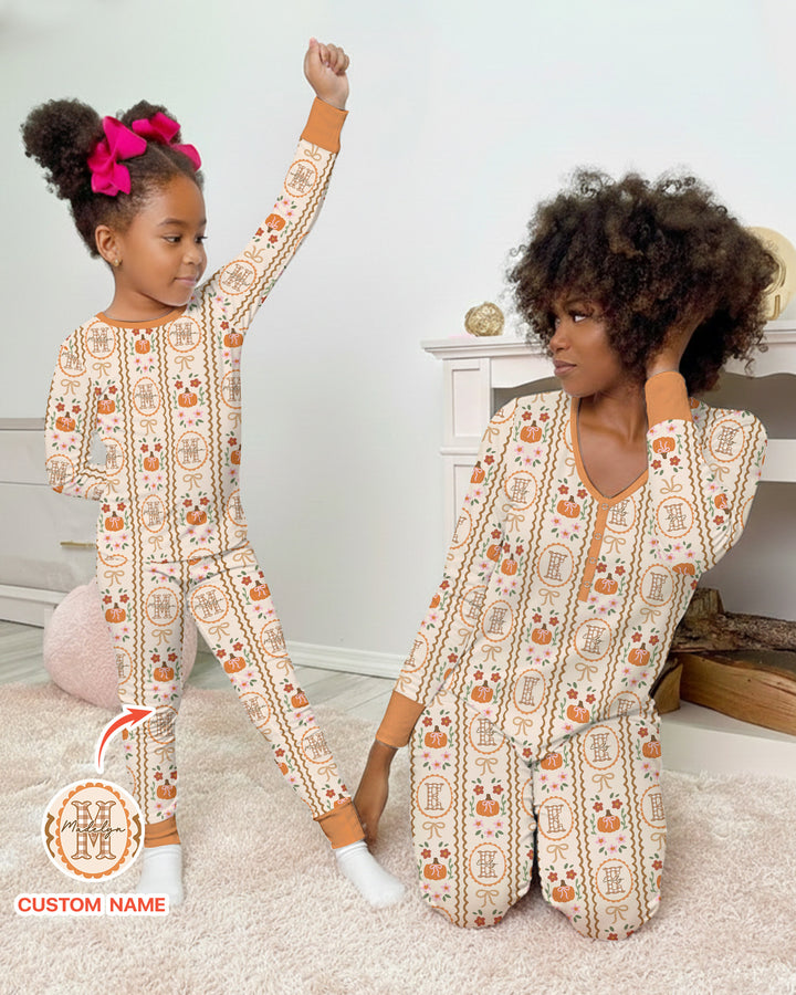 Custom Name Pumpkin Cottage Bamboo Two Piece Long Sleeve Pajama Set