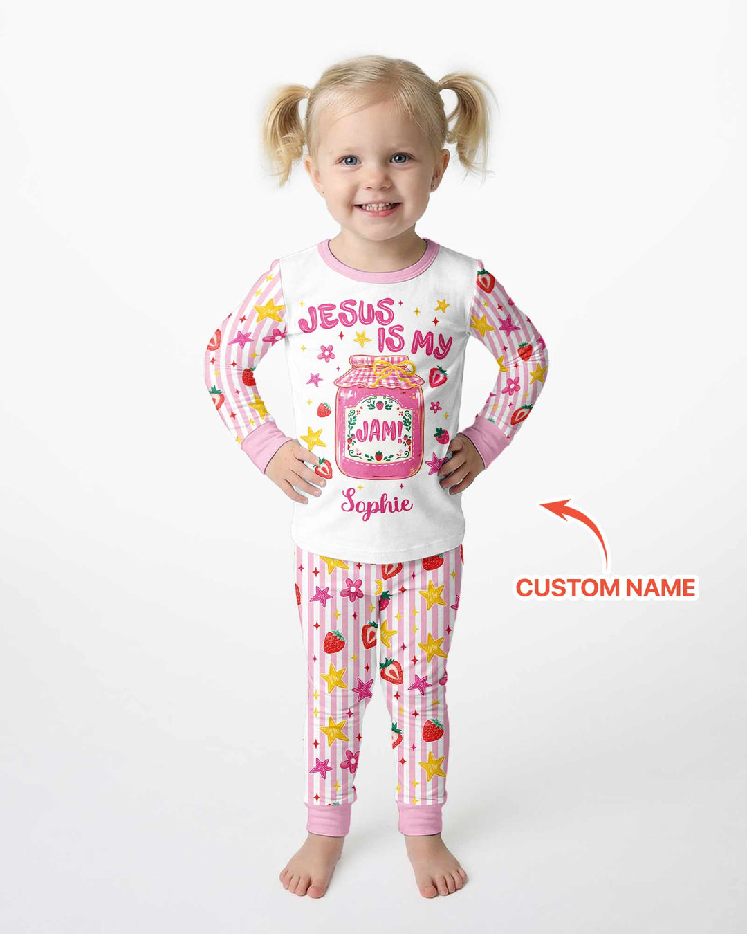 Custom Name Jesus is My Strawberry Jam Bamboo Two Piece Long Sleeve Pajama Set