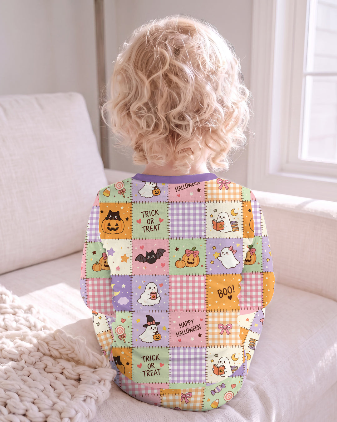 Cute Halloween Trick Or Treat Patchwork Bamboo Two Piece Long Sleeve Pajama Set
